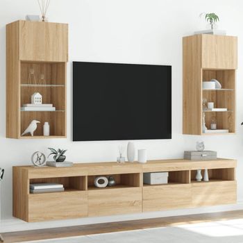 2 Uds Muebles Tv | Mueble De Salón | Armario Tv Con Luces Led Roble Sonoma 40,5x30x90 Cm Cfw780408