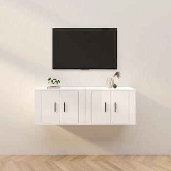 2 Uds Muebles Tv De Pared | Mueble De Salón | Armario Tv Blanco Brillante 57x34,5x40 Cm Cfw780850