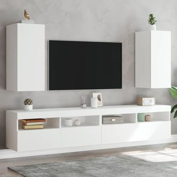 2 Uds Muebles Tv De Pared | Mueble De Salón | Armario Tv Con Luces Led Blanco 30,5x35x70 Cm Cfw780562