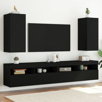 2 Uds Muebles Tv De Pared | Mueble De Salón | Armario Tv Con Luces Led Negro 30,5x35x70 Cm Cfw780572