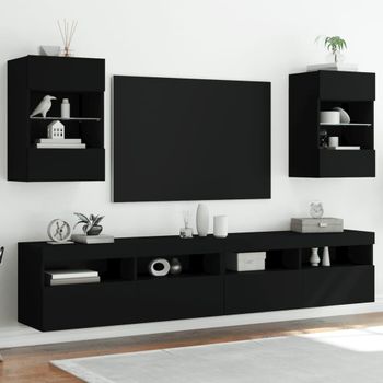 2 Uds Muebles Tv De Pared | Mueble De Salón | Armario Tv Con Luces Led Negro 40x30x60,5 Cm Cfw780576