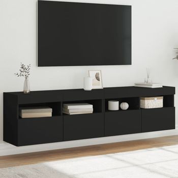 2 Uds Muebles Tv De Pared | Mueble De Salón | Armario Tv Con Luces Led Negro 80x30x40 Cm Cfw780580