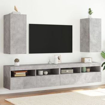 2 Uds Muebles Tv De Pared | Mueble De Salón | Armario Tv Luces Led Gris Hormigón 30,5x35x70 Cm Cfw780953