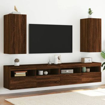 2 Uds Muebles Tv De Pared | Mueble De Salón | Armario Tv Luces Led Roble Marrón 30,5x35x70 Cm Cfw780982