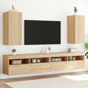 2 Uds Muebles Tv Pared | Mueble De Salón | Armario Tv Luces Led Roble Sonoma 30,5x35x70 Cm Cfw780658