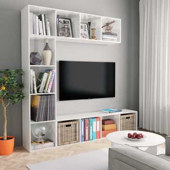 3 Uds Mueble Tv | Mueble De Salón | Armario Tv Y Librería Blanco Brillo 180x30x180 Cm Cfw778205