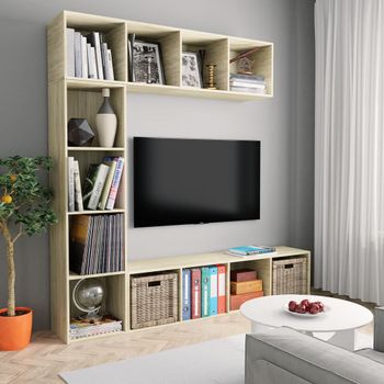 3 Uds Mueble Tv | Mueble De Salón | Armario Tv Y Librería Roble Sonoma 180x30x180 Cm Cfw778208