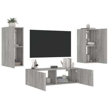 3 Uds Muebles Tv De Pared | Mueble De Salón | Armario Tv Con Luces Led Gris Sonoma Cfw780585