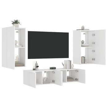 4 Uds Muebles Tv De Pared | Mueble De Salón | Armario Tv Con Led Madera Ingeniería Blanco Cfw780522