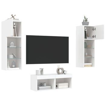 4 Uds Muebles Tv De Pared | Mueble De Salón | Armario Tv Con Luces Led Blanco Cfw780596