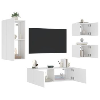 4 Uds Muebles Tv De Pared | Mueble De Salón | Armario Tv Con Luces Led Blanco Cfw780597