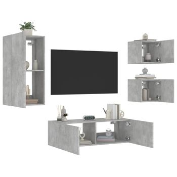 4 Uds Muebles Tv De Pared | Mueble De Salón | Armario Tv Con Luces Led Gris Hormigón Cfw780598