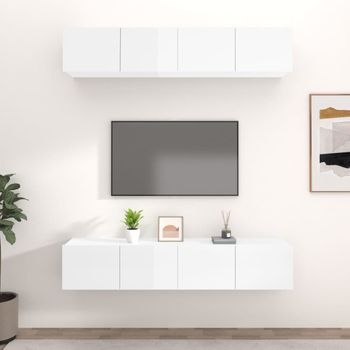 4 Uds Muebles Tv | Mueble De Salón | Armario Tv Madera Contrachapada Blanco Brillo 80x30x30 Cm Cfw780929