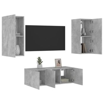 4 Uds Muebles Tv Pared | Mueble De Salón | Armario Tv Con Led Madera Ingeniería Gris Hormigón Cfw780991