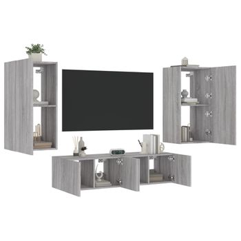 4 Uds Muebles Tv Pared | Mueble De Salón | Armario Tv Con Led Madera Ingeniería Gris Sonoma Cfw780995