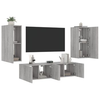 4 Uds Muebles Tv Pared | Mueble De Salón | Armario Tv Con Led Madera Ingeniería Gris Sonoma Cfw780996