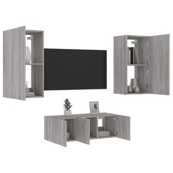 4 Uds Muebles Tv Pared | Mueble De Salón | Armario Tv Con Led Madera Ingeniería Gris Sonoma Cfw780998