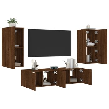 4 Uds Muebles Tv Pared | Mueble De Salón | Armario Tv Con Led Madera Ingeniería Marrón Roble Cfw781001