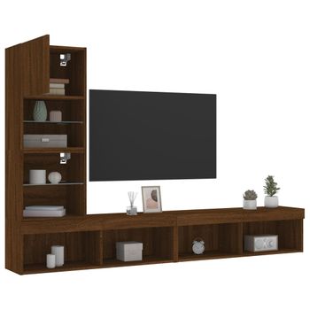 4 Uds Muebles Tv Pared | Mueble De Salón | Armario Tv Con Led Madera Ingeniería Marrón Roble Cfw781002