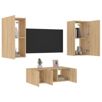 4 Uds Muebles Tv Pared | Mueble De Salón | Armario Tv Con Led Madera Ingeniería Roble Sonoma Cfw781014