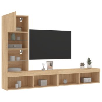 4 Uds Muebles Tv Pared | Mueble De Salón | Armario Tv Con Led Madera Ingeniería Roble Sonoma Cfw781017