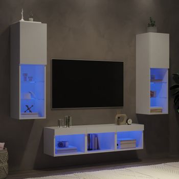 5 Uds Muebles Tv De Pared | Mueble De Salón | Armario Tv Con Led Madera Ingeniería Blanco Cfw780532