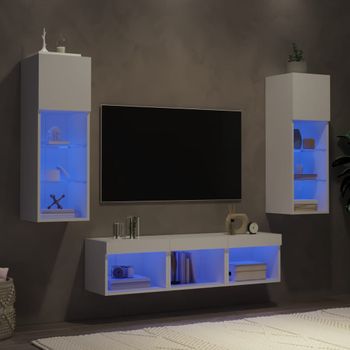 5 Uds Muebles Tv De Pared | Mueble De Salón | Armario Tv Con Led Madera Ingeniería Blanco Cfw780535