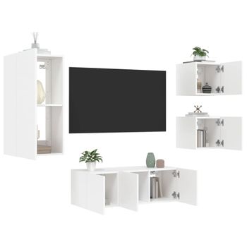 5 Uds Muebles Tv De Pared | Mueble De Salón | Armario Tv Con Led Madera Ingeniería Blanco Cfw780536