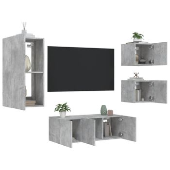 5 Uds Muebles Tv Pared | Mueble De Salón | Armario Tv Con Led Madera Ingeniería Gris Hormigón Cfw781020