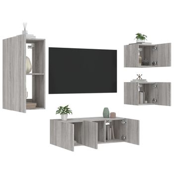 5 Uds Muebles Tv Pared | Mueble De Salón | Armario Tv Con Led Madera Ingeniería Gris Sonoma Cfw781022