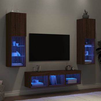 5 Uds Muebles Tv Pared | Mueble De Salón | Armario Tv Con Led Madera Ingeniería Marrón Roble Cfw781023