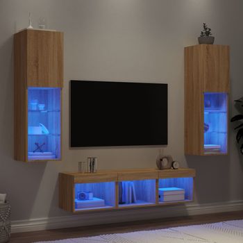 5 Uds Muebles Tv Pared | Mueble De Salón | Armario Tv Con Led Madera Ingeniería Roble Sonoma Cfw781033