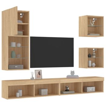 5 Uds Muebles Tv Pared | Mueble De Salón | Armario Tv Con Led Madera Ingeniería Roble Sonoma Cfw781039