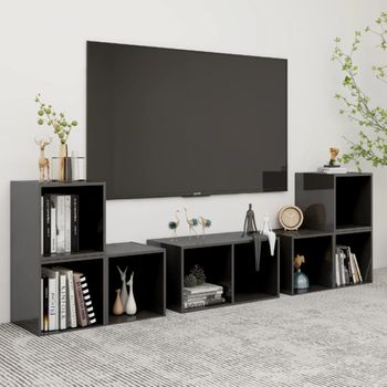 6 Uds Muebles Tv | Mueble De Salón | Armario Tv Madera De Ingeniería Gris Brillo Cfw780249