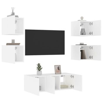 6 Uds Muebles Tv De Pared | Mueble De Salón | Armario Tv Con Led Madera Ingeniería Blanco Cfw780543