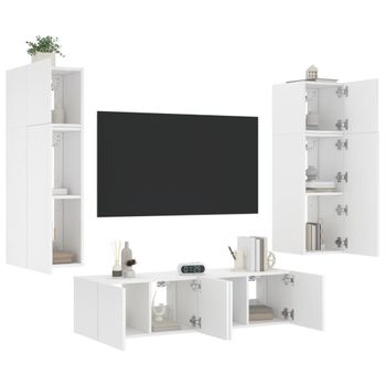 6 Uds Muebles Tv De Pared | Mueble De Salón | Armario Tv Con Led Madera Ingeniería Blanco Cfw780544