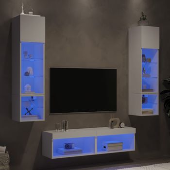 6 Uds Muebles Tv De Pared | Mueble De Salón | Armario Tv Con Led Madera Ingeniería Blanco Cfw780548