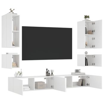 6 Uds Muebles Tv De Pared | Mueble De Salón | Armario Tv Con Luces Led Blanco Cfw780615