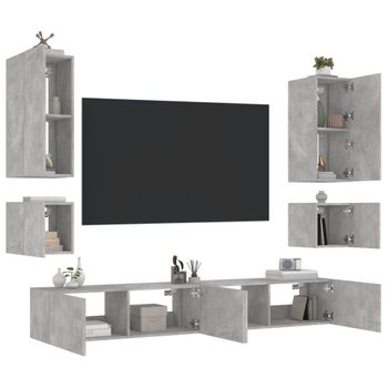 6 Uds Muebles Tv De Pared | Mueble De Salón | Armario Tv Con Luces Led Gris Hormigón Cfw780616