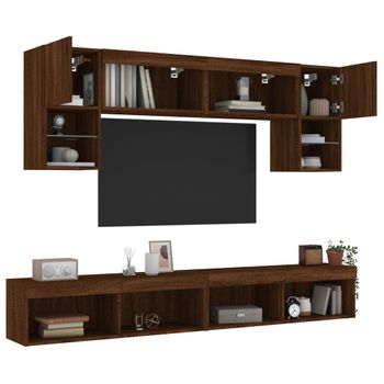 6 Uds Muebles Tv Pared | Mueble De Salón | Armario Tv Con Led Madera Ingeniería Marrón Roble Cfw781056