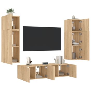 6 Uds Muebles Tv Pared | Mueble De Salón | Armario Tv Con Led Madera Ingeniería Roble Sonoma Cfw781066