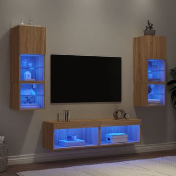 6 Uds Muebles Tv Pared | Mueble De Salón | Armario Tv Con Led Madera Ingeniería Roble Sonoma Cfw781068