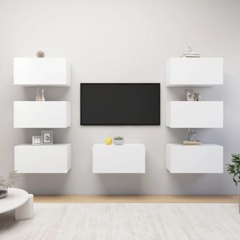 7 Uds Muebles Tv | Mueble De Salón | Armario Tv Madera Ingeniería Blanco 30,5x30x60 Cm Cfw780253