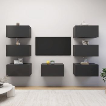 7 Uds Muebles Tv | Mueble De Salón | Armario Tv Madera Ingeniería Gris 30,5x30x60 Cm Cfw780254