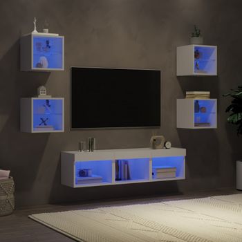 7 Uds Muebles Tv De Pared | Mueble De Salón | Armario Tv Con Led Madera Ingeniería Blanco Cfw780556