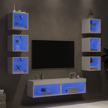 8 Uds Muebles Tv De Pared | Mueble De Salón | Armario Tv Con Led Madera Ingeniería Blanco Cfw780557