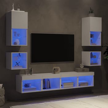 8 Uds Muebles Tv De Pared | Mueble De Salón | Armario Tv Con Led Madera Ingeniería Blanco Cfw780558