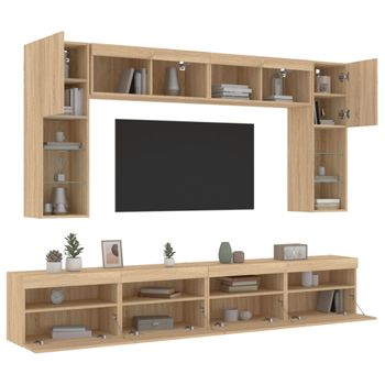 8 Uds Muebles Tv De Pared | Mueble De Salón | Armario Tv Con Luces Led Roble Sonoma Cfw780641