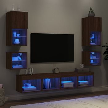 8 Uds Muebles Tv Pared | Mueble De Salón | Armario Tv Con Led Madera Ingeniería Marrón Roble Cfw781072