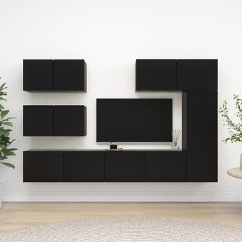 Juego De 6 Uds Muebles Tv | Mueble De Salón | Armario Tv Madera Contrachapada Negro Cfw766859